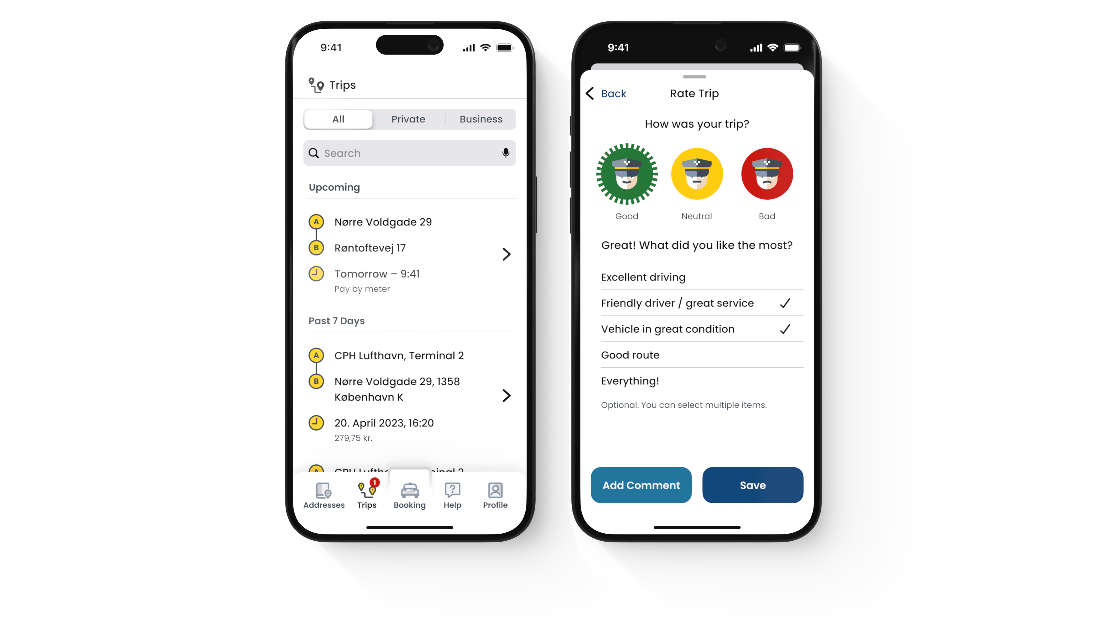 Two mobile app screens showing trips overview and user rating of trip