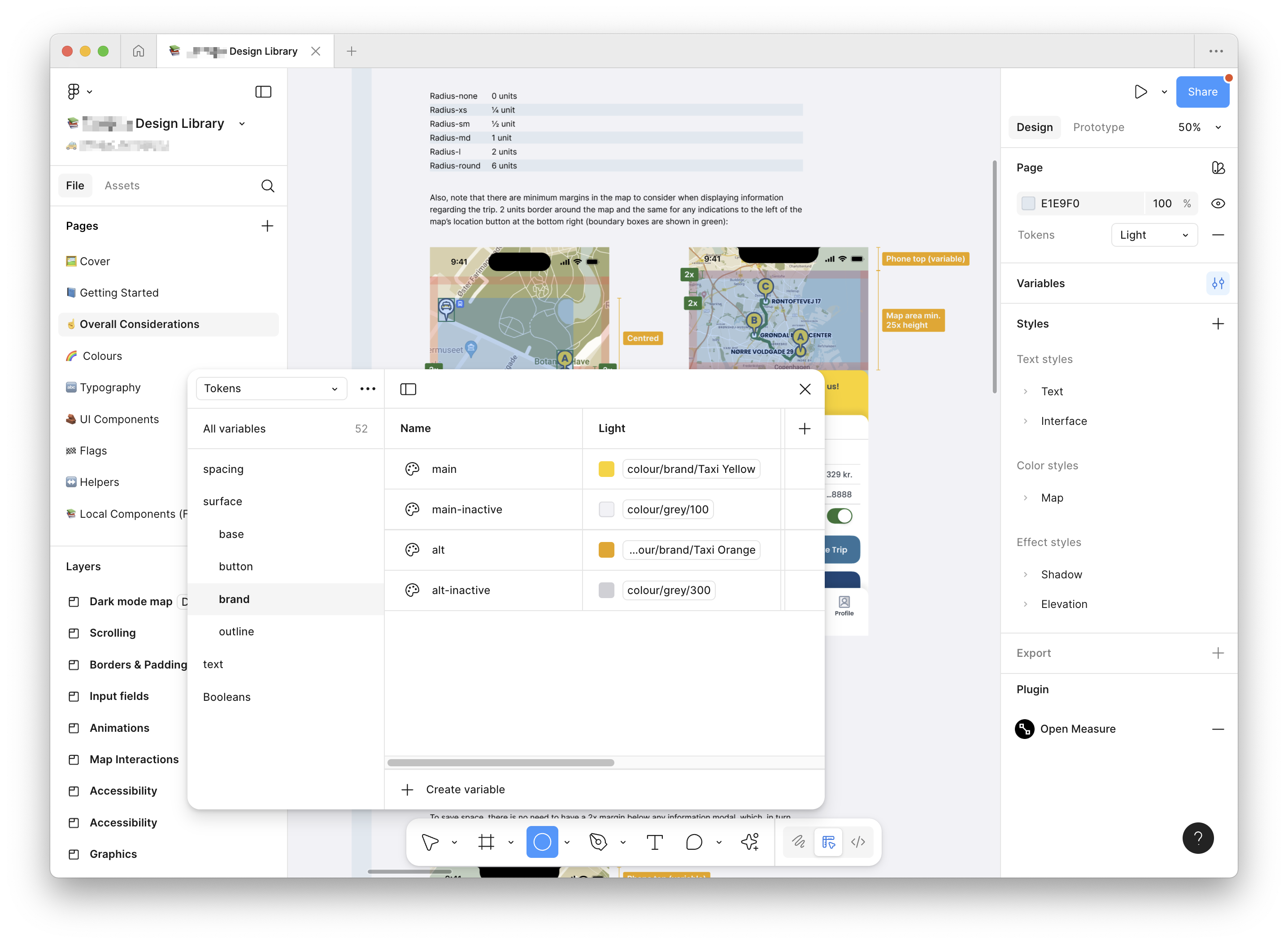 Figma design workflow showing component library and screen designs for Frogne app